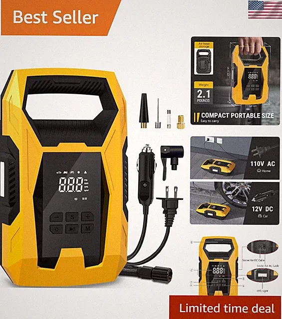 Multi-Purpose Air Compressor: 110V/12V, Quick Inflate, Ideal for Cars & Bicycles