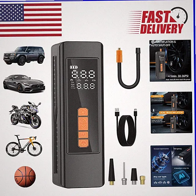 Portable Air Compressor with LCD Display - Fast Tire Inflation, Multiple Modes